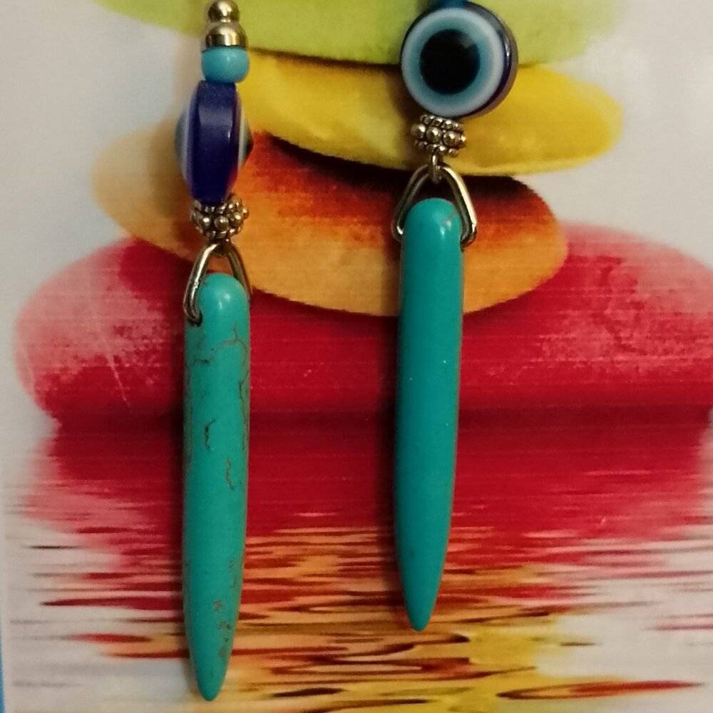 EVIL EYE WARD EARRINGS, BLUE MAGNESITE SPEARS, SILVERY ACCENTS